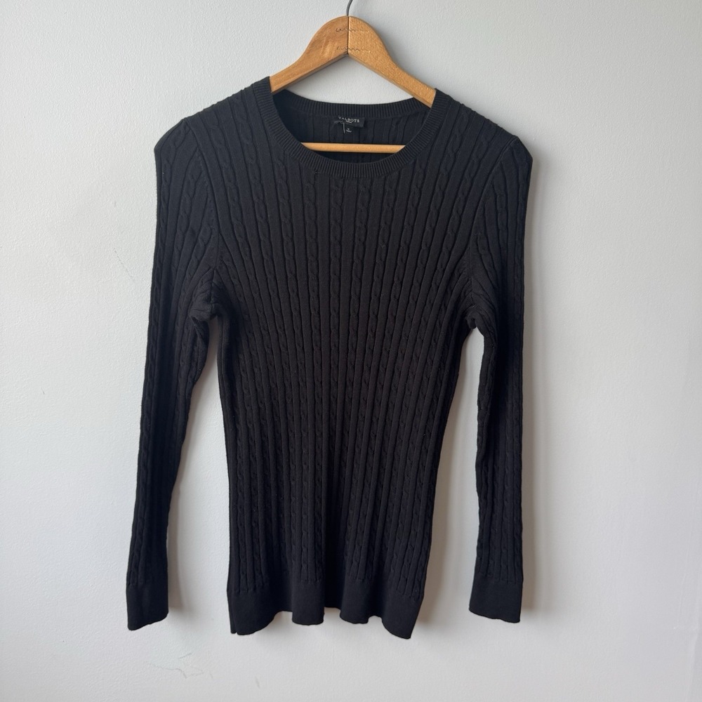 Talbots Women's Cable Knit Sweater Black Charcoal Cotton Wool Blend Size XL
